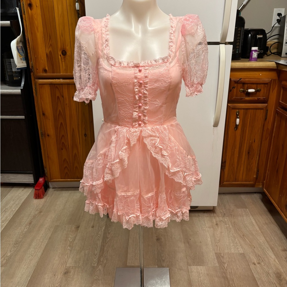 Dolls Kill Pink Lace Puff Sleeve Dress